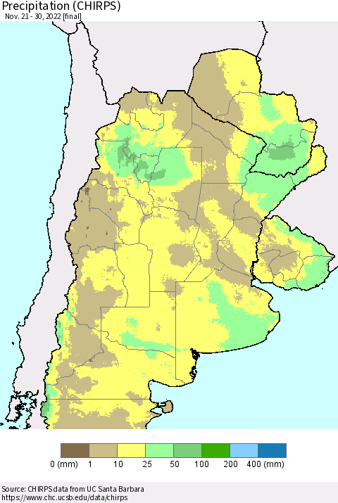 Southern South America Precipitation (CHIRPS) Thematic Map For 11/21/2022 - 11/30/2022