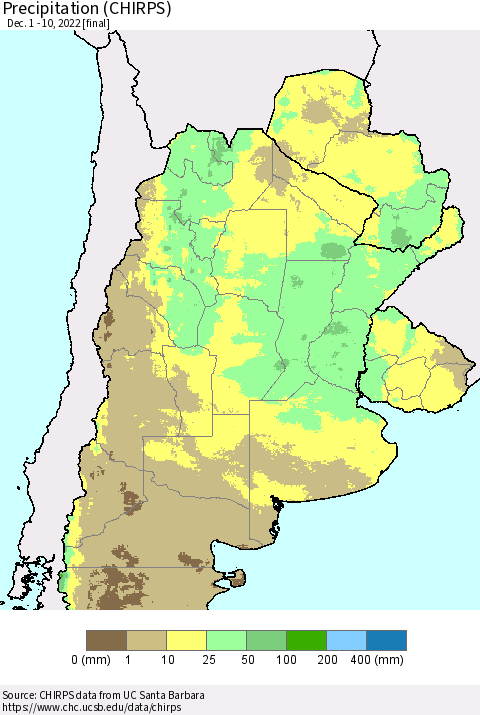 Southern South America Precipitation (CHIRPS) Thematic Map For 12/1/2022 - 12/10/2022