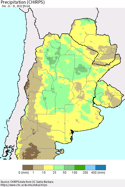 Southern South America Precipitation (CHIRPS) Thematic Map For 12/21/2022 - 12/31/2022
