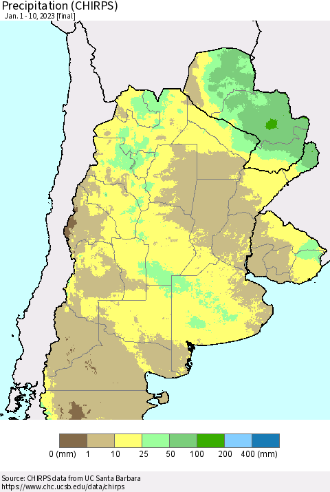 Southern South America Precipitation (CHIRPS) Thematic Map For 1/1/2023 - 1/10/2023