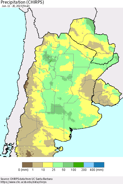 Southern South America Precipitation (CHIRPS) Thematic Map For 1/11/2023 - 1/20/2023