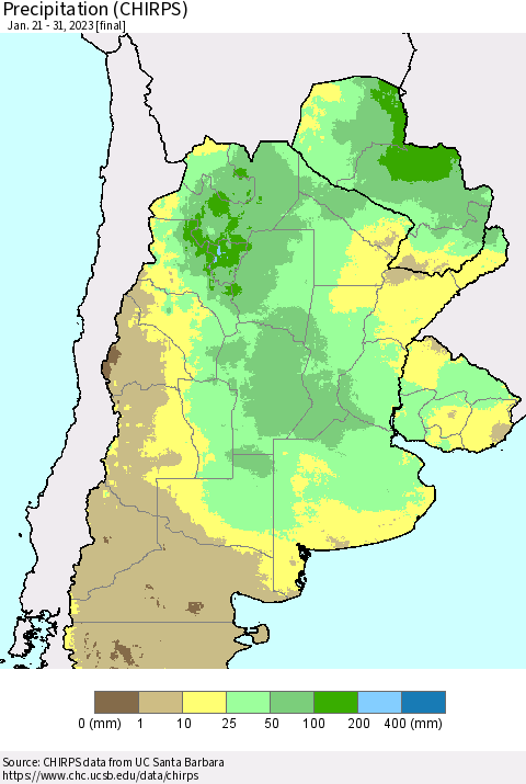 Southern South America Precipitation (CHIRPS) Thematic Map For 1/21/2023 - 1/31/2023