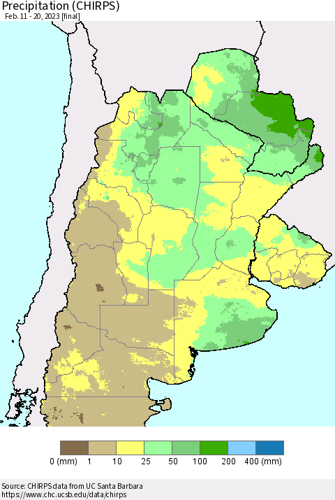 Southern South America Precipitation (CHIRPS) Thematic Map For 2/11/2023 - 2/20/2023