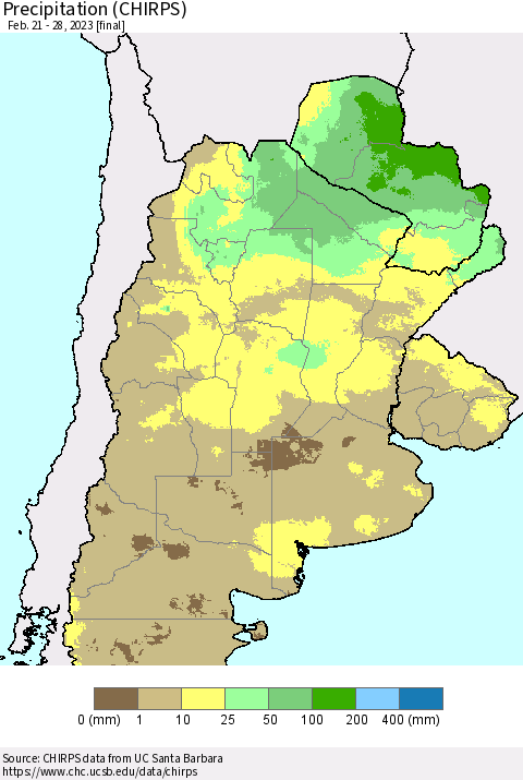 Southern South America Precipitation (CHIRPS) Thematic Map For 2/21/2023 - 2/28/2023