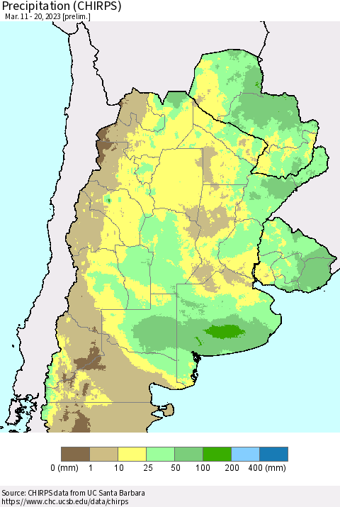 Southern South America Precipitation (CHIRPS) Thematic Map For 3/11/2023 - 3/20/2023