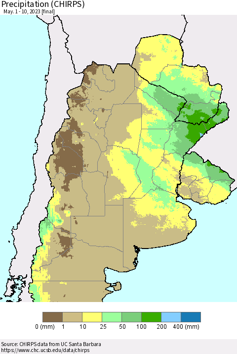 Southern South America Precipitation (CHIRPS) Thematic Map For 5/1/2023 - 5/10/2023