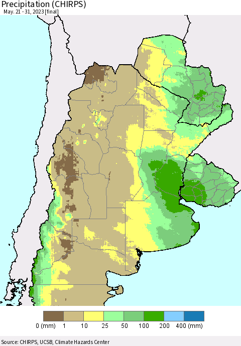 Southern South America Precipitation (CHIRPS) Thematic Map For 5/21/2023 - 5/31/2023