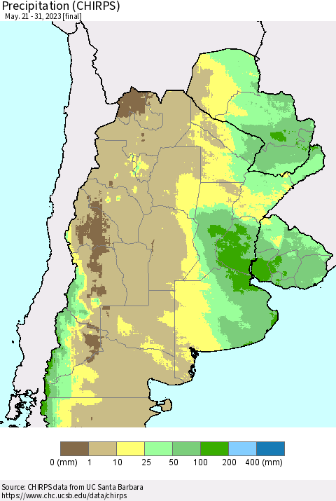 Southern South America Precipitation (CHIRPS) Thematic Map For 5/21/2023 - 5/31/2023