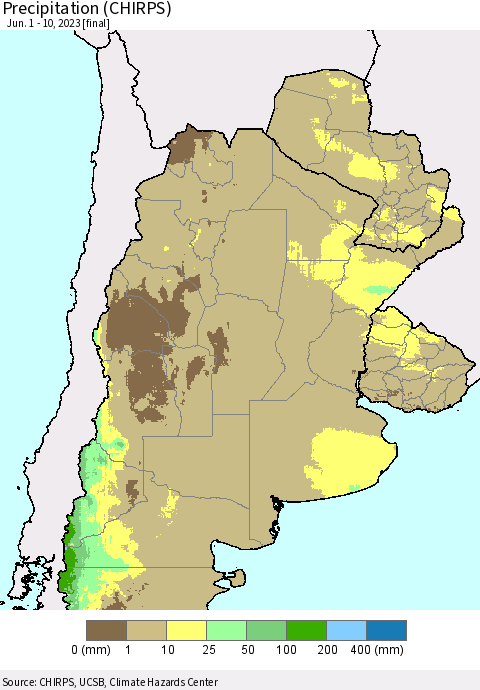 Southern South America Precipitation (CHIRPS) Thematic Map For 6/1/2023 - 6/10/2023