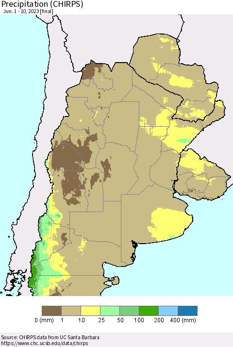 Southern South America Precipitation (CHIRPS) Thematic Map For 6/1/2023 - 6/10/2023