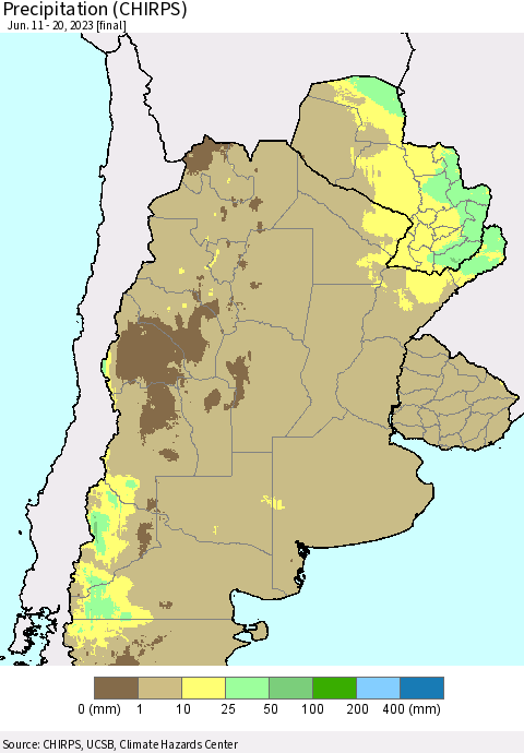 Southern South America Precipitation (CHIRPS) Thematic Map For 6/11/2023 - 6/20/2023