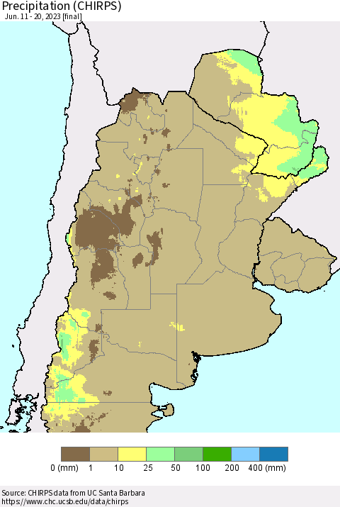 Southern South America Precipitation (CHIRPS) Thematic Map For 6/11/2023 - 6/20/2023