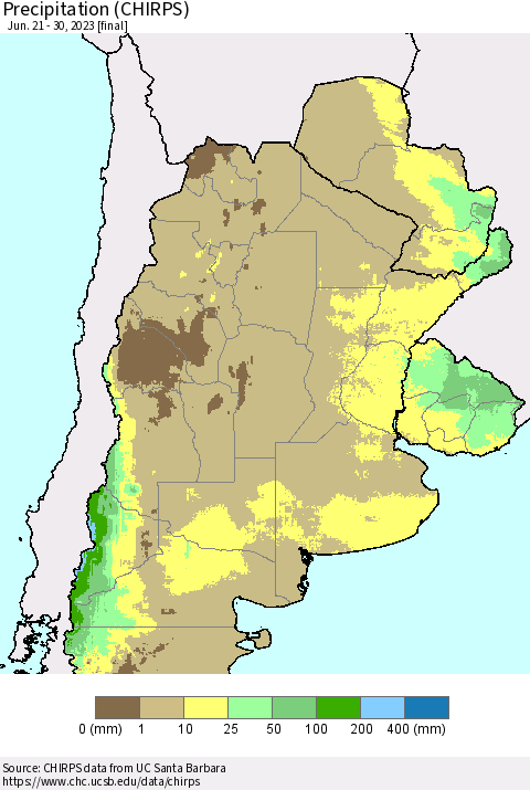 Southern South America Precipitation (CHIRPS) Thematic Map For 6/21/2023 - 6/30/2023
