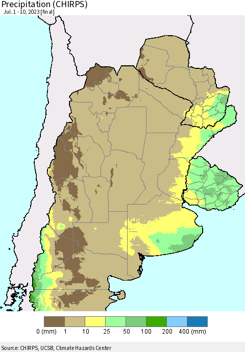 Southern South America Precipitation (CHIRPS) Thematic Map For 7/1/2023 - 7/10/2023