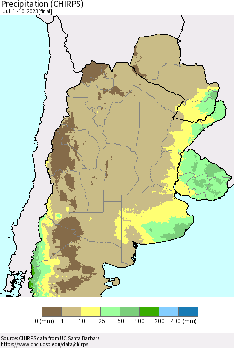 Southern South America Precipitation (CHIRPS) Thematic Map For 7/1/2023 - 7/10/2023