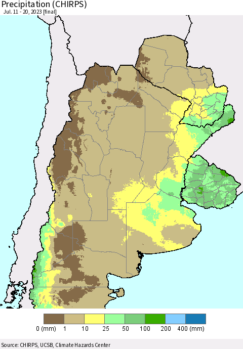 Southern South America Precipitation (CHIRPS) Thematic Map For 7/11/2023 - 7/20/2023