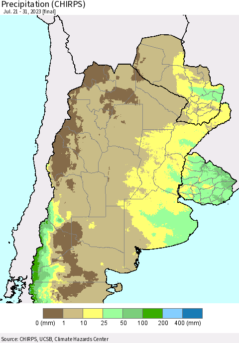 Southern South America Precipitation (CHIRPS) Thematic Map For 7/21/2023 - 7/31/2023