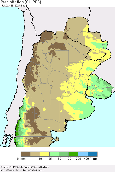 Southern South America Precipitation (CHIRPS) Thematic Map For 7/21/2023 - 7/31/2023