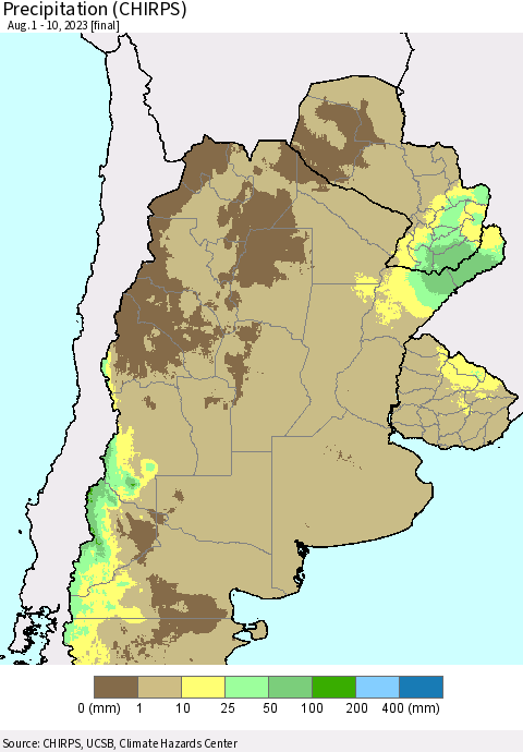 Southern South America Precipitation (CHIRPS) Thematic Map For 8/1/2023 - 8/10/2023