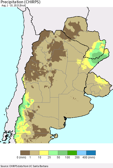 Southern South America Precipitation (CHIRPS) Thematic Map For 8/1/2023 - 8/10/2023