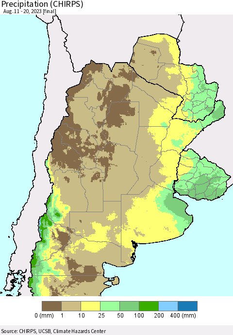Southern South America Precipitation (CHIRPS) Thematic Map For 8/11/2023 - 8/20/2023