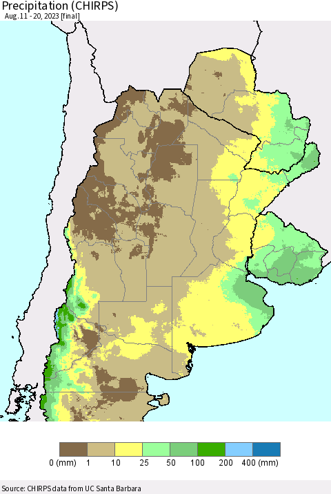 Southern South America Precipitation (CHIRPS) Thematic Map For 8/11/2023 - 8/20/2023