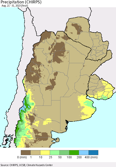 Southern South America Precipitation (CHIRPS) Thematic Map For 8/21/2023 - 8/31/2023