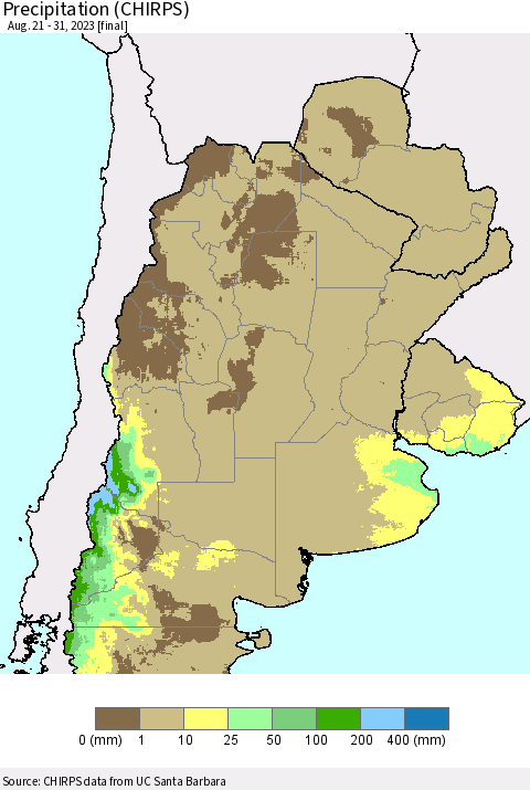 Southern South America Precipitation (CHIRPS) Thematic Map For 8/21/2023 - 8/31/2023