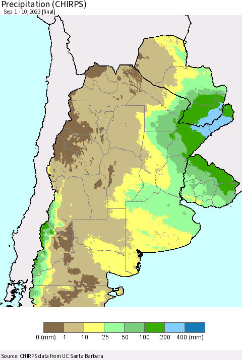 Southern South America Precipitation (CHIRPS) Thematic Map For 9/1/2023 - 9/10/2023
