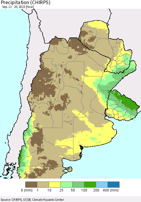 Southern South America Precipitation (CHIRPS) Thematic Map For 9/11/2023 - 9/20/2023