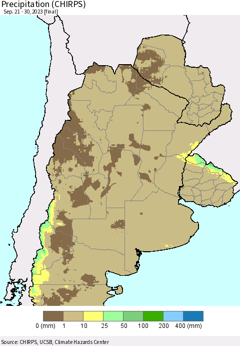 Southern South America Precipitation (CHIRPS) Thematic Map For 9/21/2023 - 9/30/2023