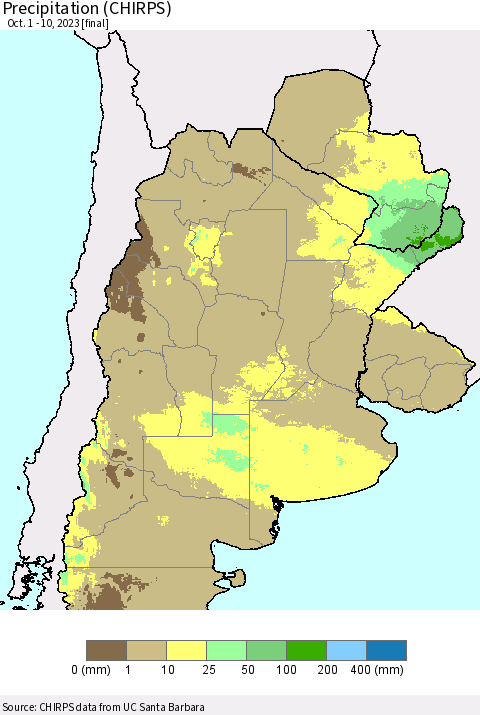 Southern South America Precipitation (CHIRPS) Thematic Map For 10/1/2023 - 10/10/2023