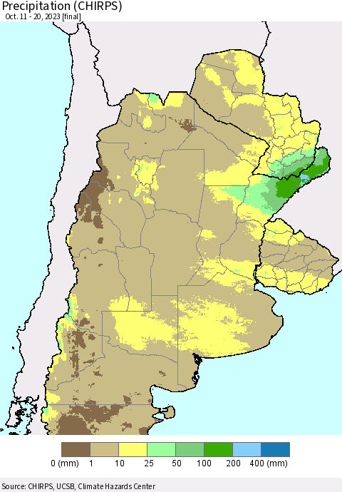 Southern South America Precipitation (CHIRPS) Thematic Map For 10/11/2023 - 10/20/2023