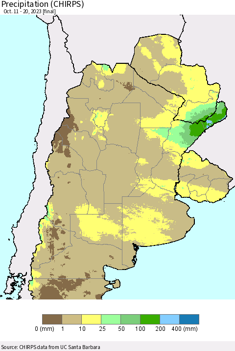 Southern South America Precipitation (CHIRPS) Thematic Map For 10/11/2023 - 10/20/2023