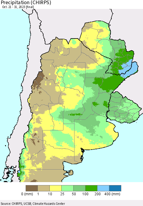Southern South America Precipitation (CHIRPS) Thematic Map For 10/21/2023 - 10/31/2023