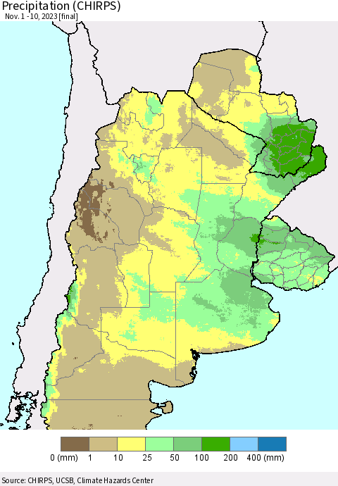 Southern South America Precipitation (CHIRPS) Thematic Map For 11/1/2023 - 11/10/2023
