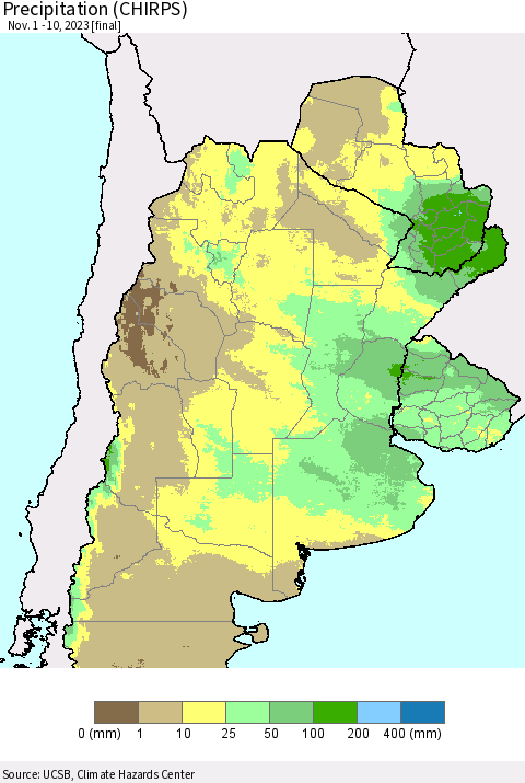 Southern South America Precipitation (CHIRPS) Thematic Map For 11/1/2023 - 11/10/2023