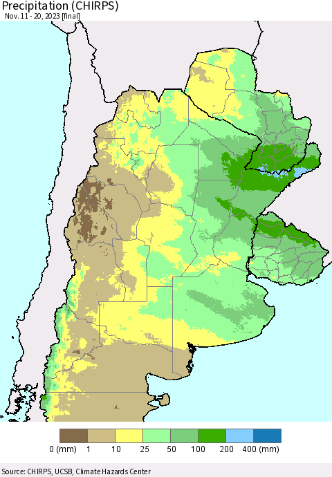 Southern South America Precipitation (CHIRPS) Thematic Map For 11/11/2023 - 11/20/2023
