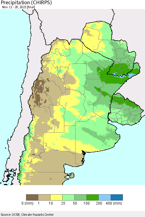 Southern South America Precipitation (CHIRPS) Thematic Map For 11/11/2023 - 11/20/2023