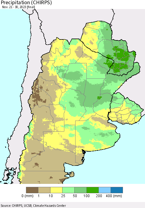 Southern South America Precipitation (CHIRPS) Thematic Map For 11/21/2023 - 11/30/2023
