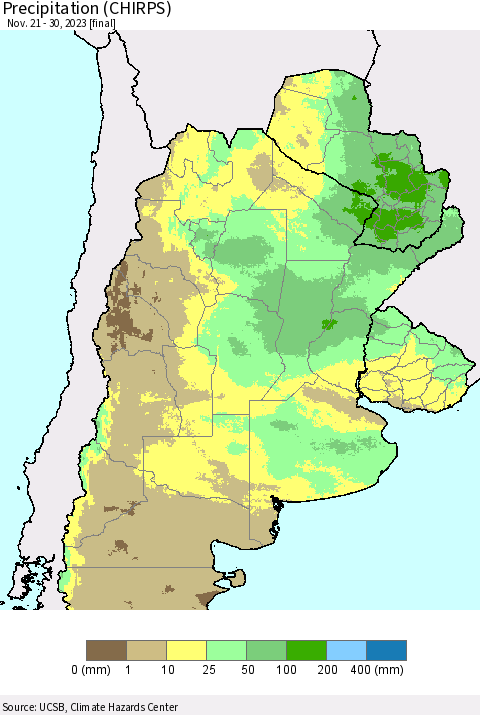 Southern South America Precipitation (CHIRPS) Thematic Map For 11/21/2023 - 11/30/2023
