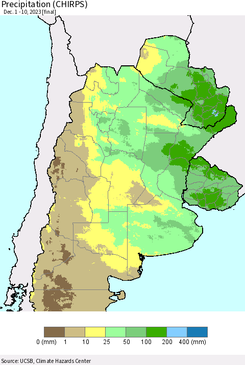 Southern South America Precipitation (CHIRPS) Thematic Map For 12/1/2023 - 12/10/2023