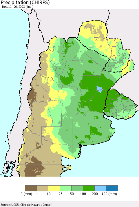 Southern South America Precipitation (CHIRPS) Thematic Map For 12/11/2023 - 12/20/2023