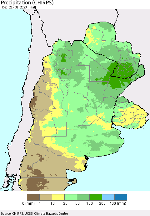 Southern South America Precipitation (CHIRPS) Thematic Map For 12/21/2023 - 12/31/2023