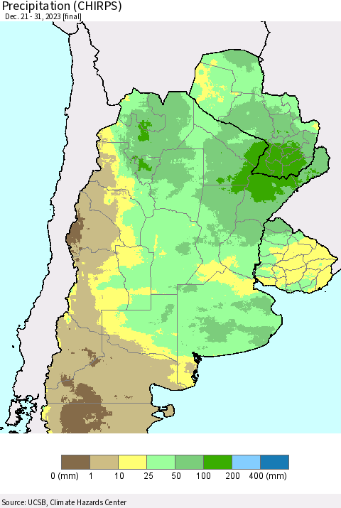 Southern South America Precipitation (CHIRPS) Thematic Map For 12/21/2023 - 12/31/2023