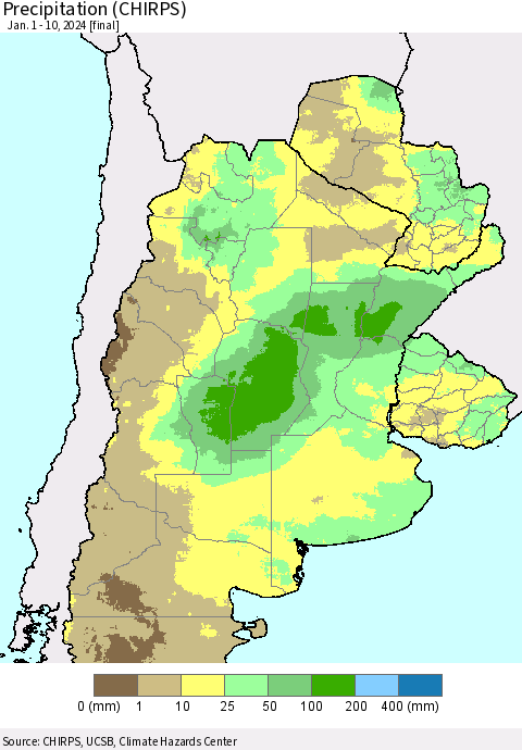 Southern South America Precipitation (CHIRPS) Thematic Map For 1/1/2024 - 1/10/2024