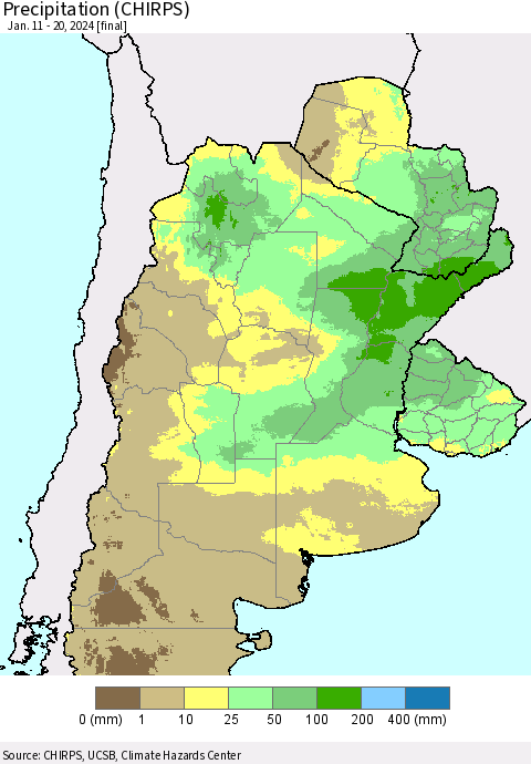 Southern South America Precipitation (CHIRPS) Thematic Map For 1/11/2024 - 1/20/2024