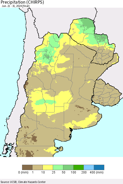 Southern South America Precipitation (CHIRPS) Thematic Map For 1/21/2024 - 1/31/2024