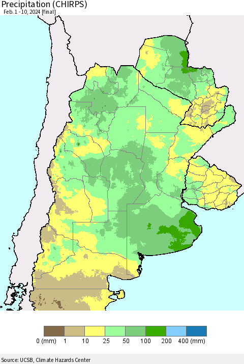 Southern South America Precipitation (CHIRPS) Thematic Map For 2/1/2024 - 2/10/2024