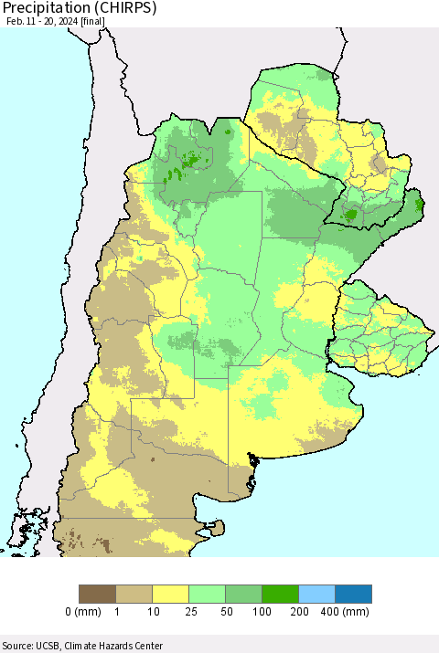 Southern South America Precipitation (CHIRPS) Thematic Map For 2/11/2024 - 2/20/2024
